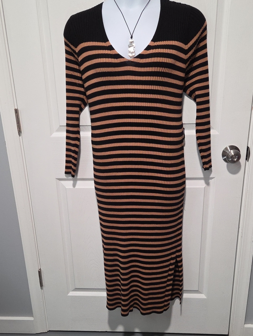 Lane Bryant Black and Tan Striped V-Neck Midi Dress